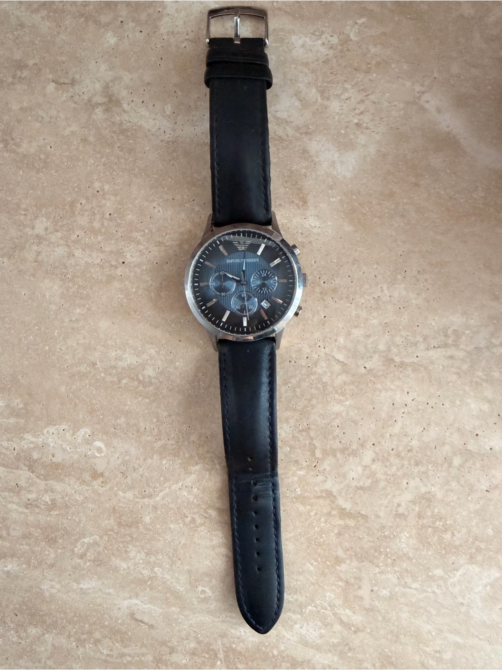 Emporio Armani Dark blue Leather Strap Chronograph Watch with Silver Case